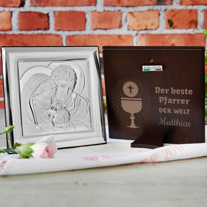 Bester Pfarrer - Hl. Familie - Quadrat - Silbernes Bild mit Gravur